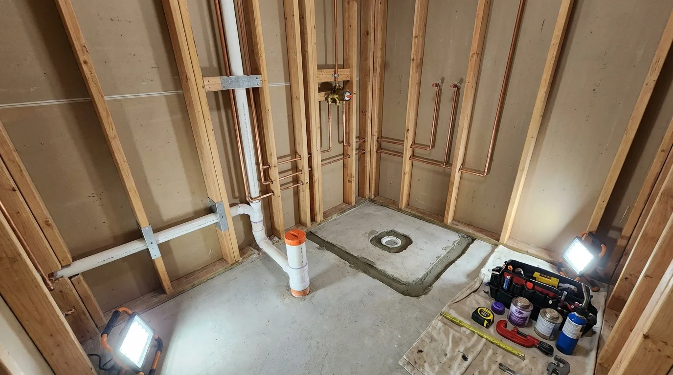 Bathroom rough-in plumbing during remodel by Johns Plumbing LLC in Watervliet
