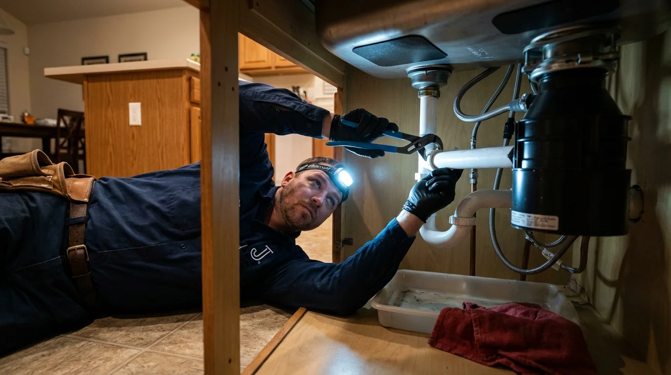 P-trap and supply line connections under a kitchen sink showing a common leak point in Watervliet, NY